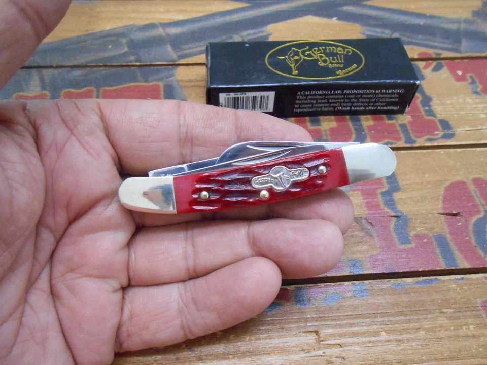 German Bull 3 Blade Pocket Knife Red Pick Bone Handle - Image 4 of 4
