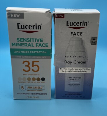 Lot Of 2 Eucerin Face Day Cream/sensitive Mineral Face Spf351.7floz Exp:01/26new