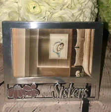 Pink Enamel Flower & Sisters Brushed Silver Metal Photo Frame Fits 4"x6" Easel