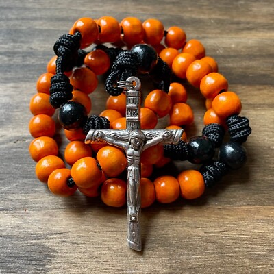 Rosary Paracord Orange Black Wood Handmade Wearable Rosario Catholic Rope Cord