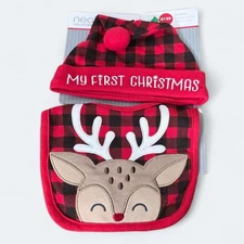 NEW Reindeer My First Christmas Bib and Hat Set Red Black Plaid