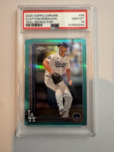 POP 1 🔥2025 Topps Chrome Clayton Kershaw Teal Refractor #88 Dodgers /299 PSA 10
