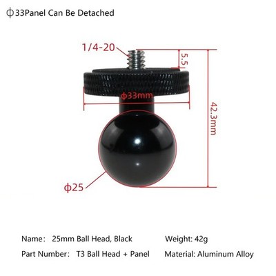 T3 Series 25mm Ball Head, Stainless Thread Options (Short/Long/with Nut Kit)