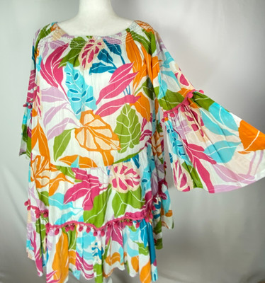 True Destinations Resort Wear Tropical Paistal Sheer Layered Dress Sz L Cover Up