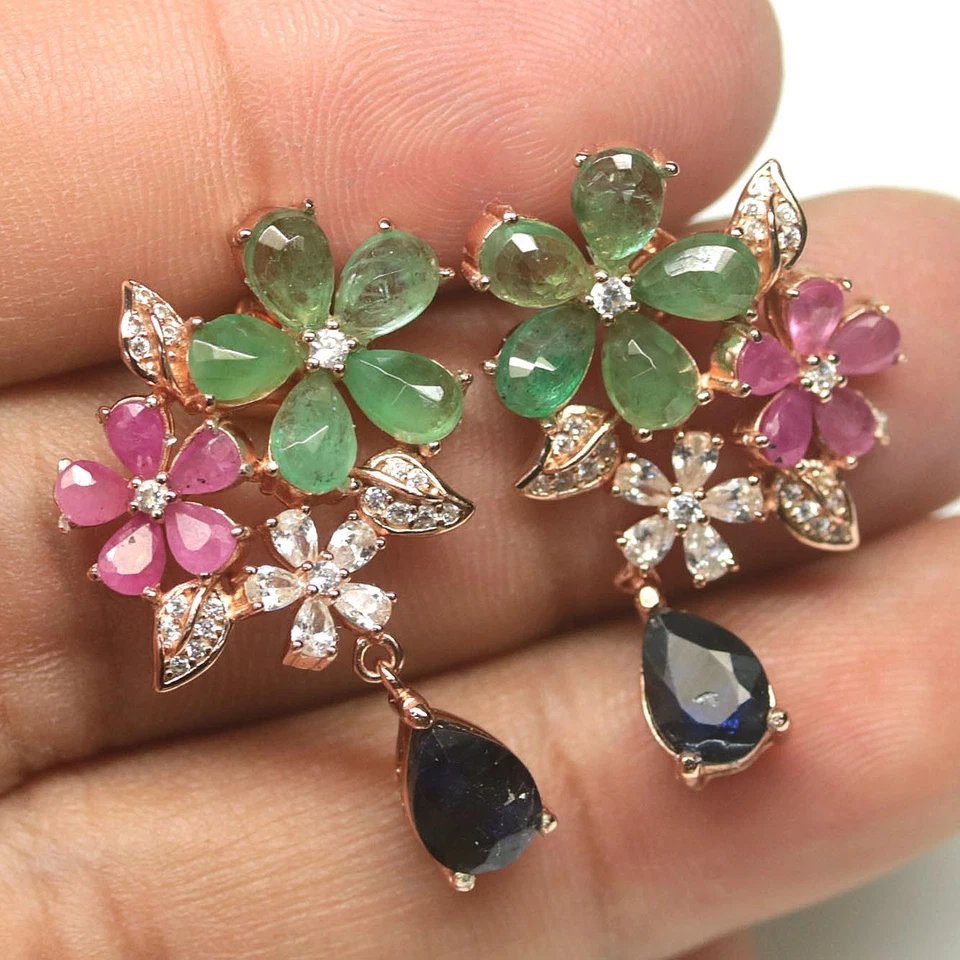 925 Sterling Silver Green Emerald, Ruby, Sapphire & Cubic Zirconia Earrings - Image 2 of 4