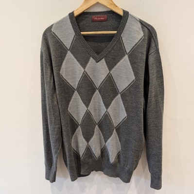 EMIDIO TUCCI Argyle V-Neck Jumper Sweater Grey Wool Blend Size L Vintage VGC 