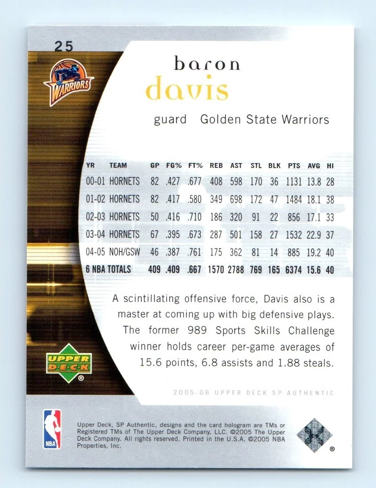 2005-06 SP Authentic Baron Davis Golden State Warriors #25 - Image 2 of 2