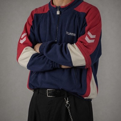 Vintage 90s Hummel Halfzip Sweatshirt Pullover Blau Rot Handball Oversized XXL