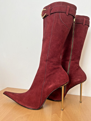 Di Marni Burgundy Suede Ankle Boots Pointed Toe Metal Heel EU 39