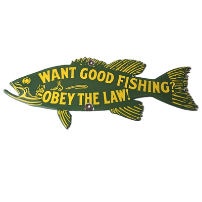 Vintage Fishing Obey Law Sign - Fish Wildlife Signage Porcelain