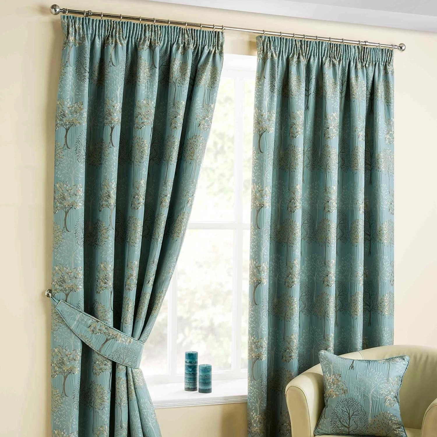 Duck Egg Blue Jacquard Pencil Pleat Curtains 66x72" Lined Tree Design