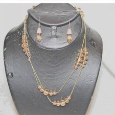Champagne Crystal Station Necklace & Teardrop Earrings Jewelry Set Gold Tone