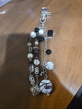 Silver-Tone Beaded Charm Purse Keychain Black White Glass Beads Mixed Dangles