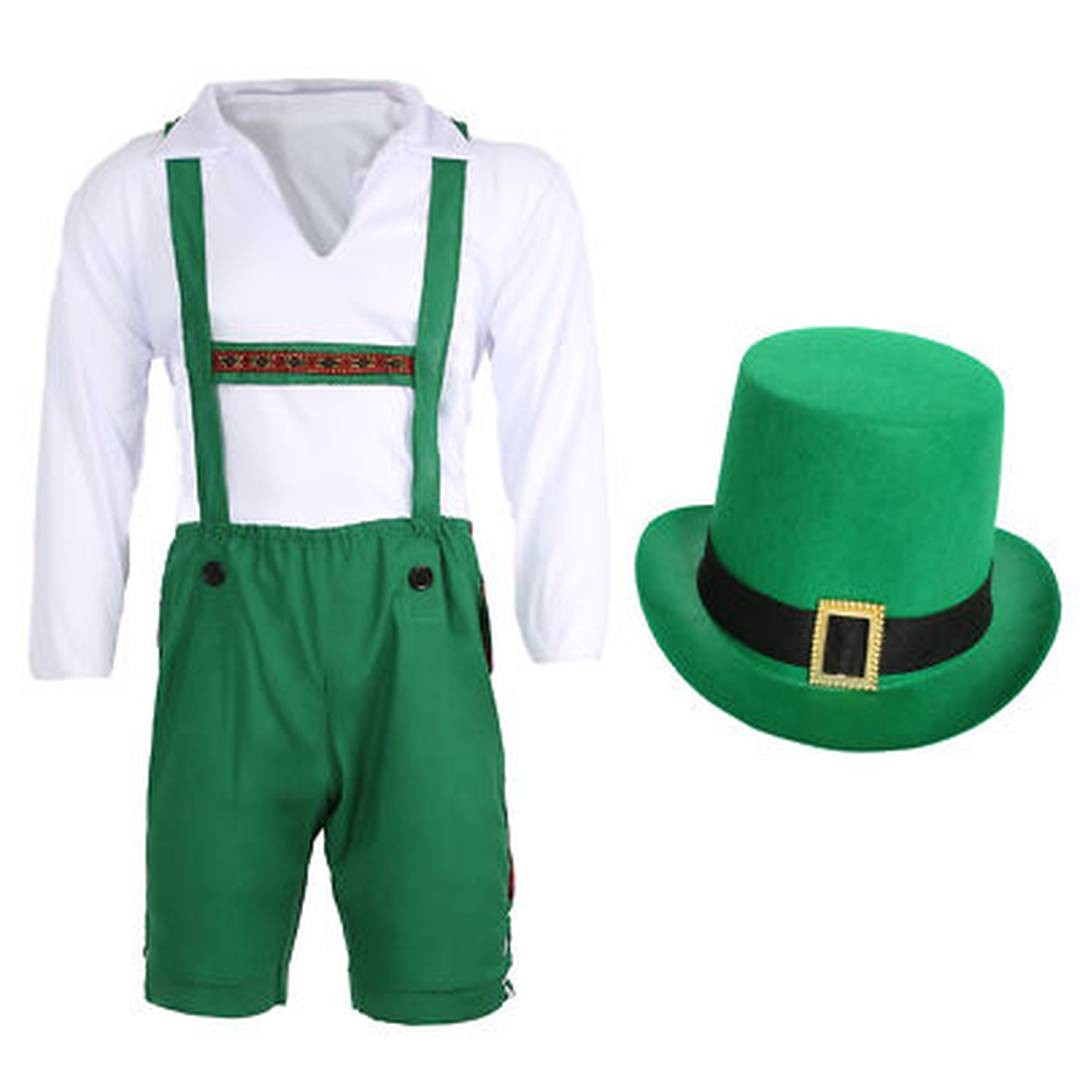 DISFRAZ DE DUENDE IRLANDÉS DÍA DE SAN PATRICIO ADULTOS PANTALONES DE CUERO SOMBRERO VERDE DISFRAZ