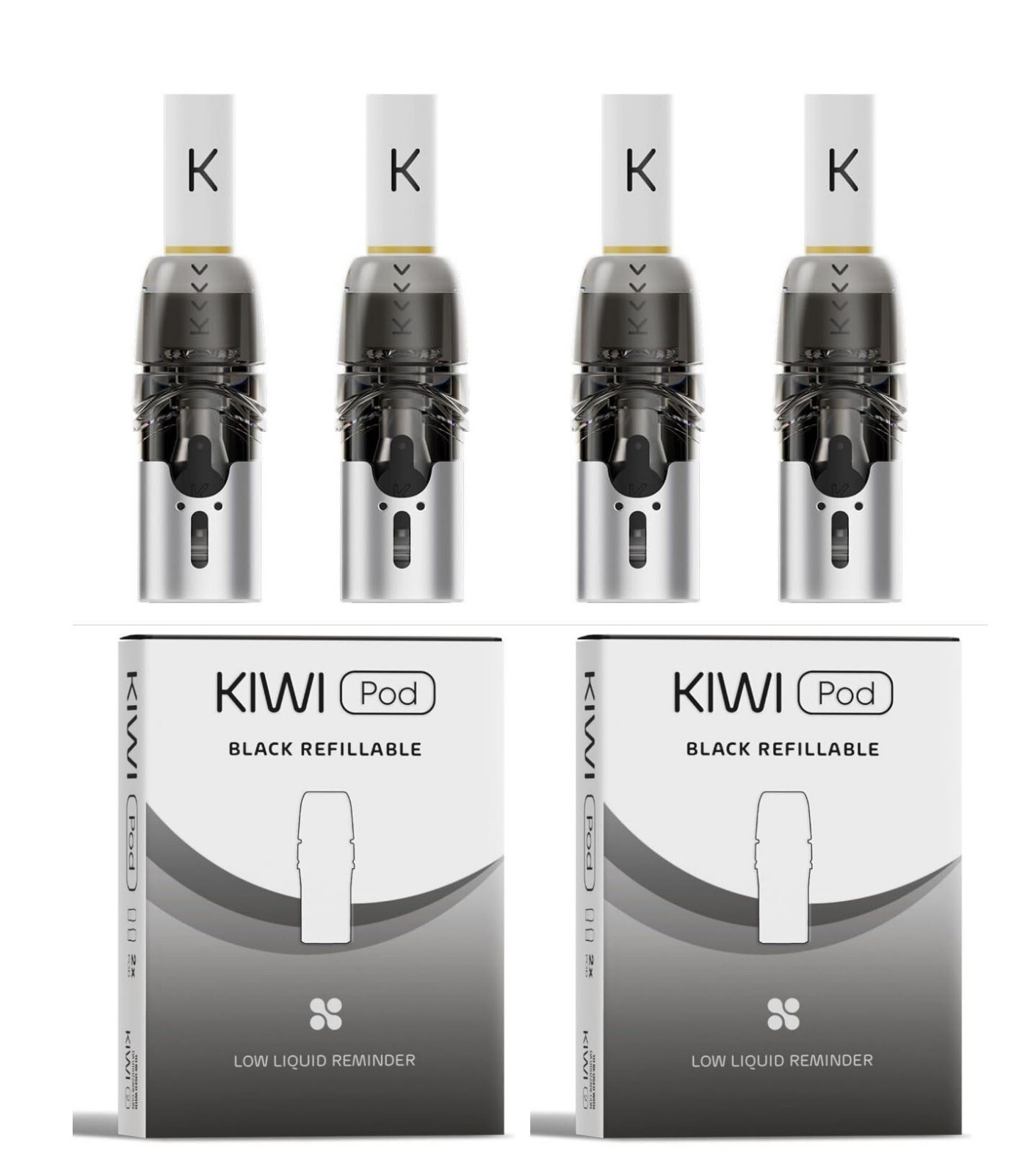 KIWI 2 Ricambio 4 Pod Low Liquid Reminder Sistema Child Proof x Sigaretta (Black