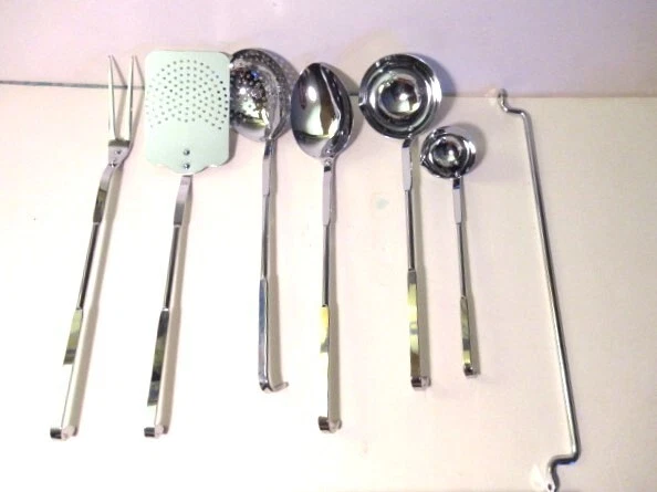 IRVIN WARE 7 pc set of Chrome Kitchen Utensils Hook Back for Wall Bar-NEW-VTG - Image 2 of 4