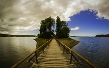 Landscape nature bridge island trees sea clouds wooden Custom Gaming Mat Desk