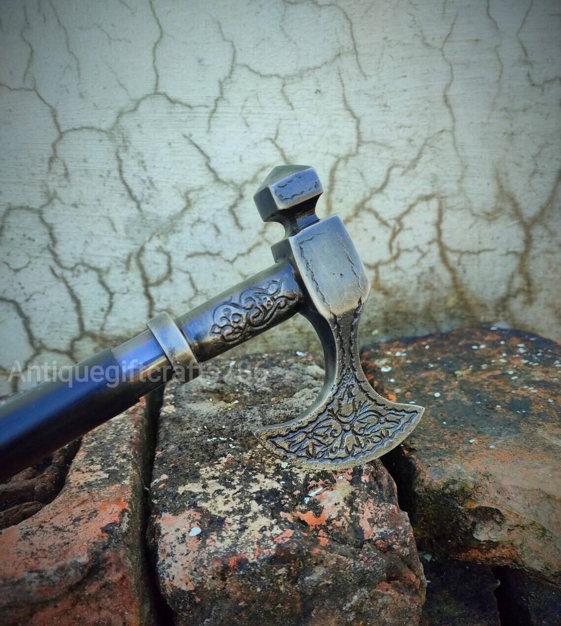 Solid Antique Pewter Axe Walking Stick Wooden Can… - image 9