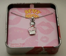 Betty Boop Necklace Enamel CupCake Stainless Steel Pendant 2001 NOS NEW