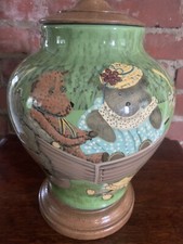 Vintage Hand Painted Porcelain Glazed Teddy Bear Table Lamp Nursery Wood Base