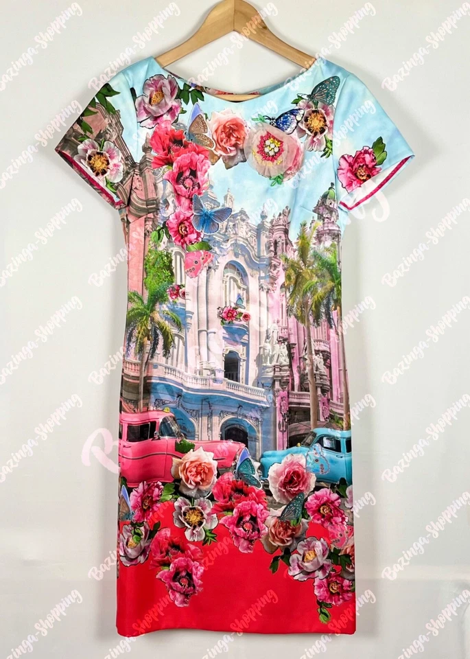 Marc Cain Collections Kleid N1 DE 34 XS Etuikleid Blau Pink Havanna Auto Blumen - Bild 2 von 4