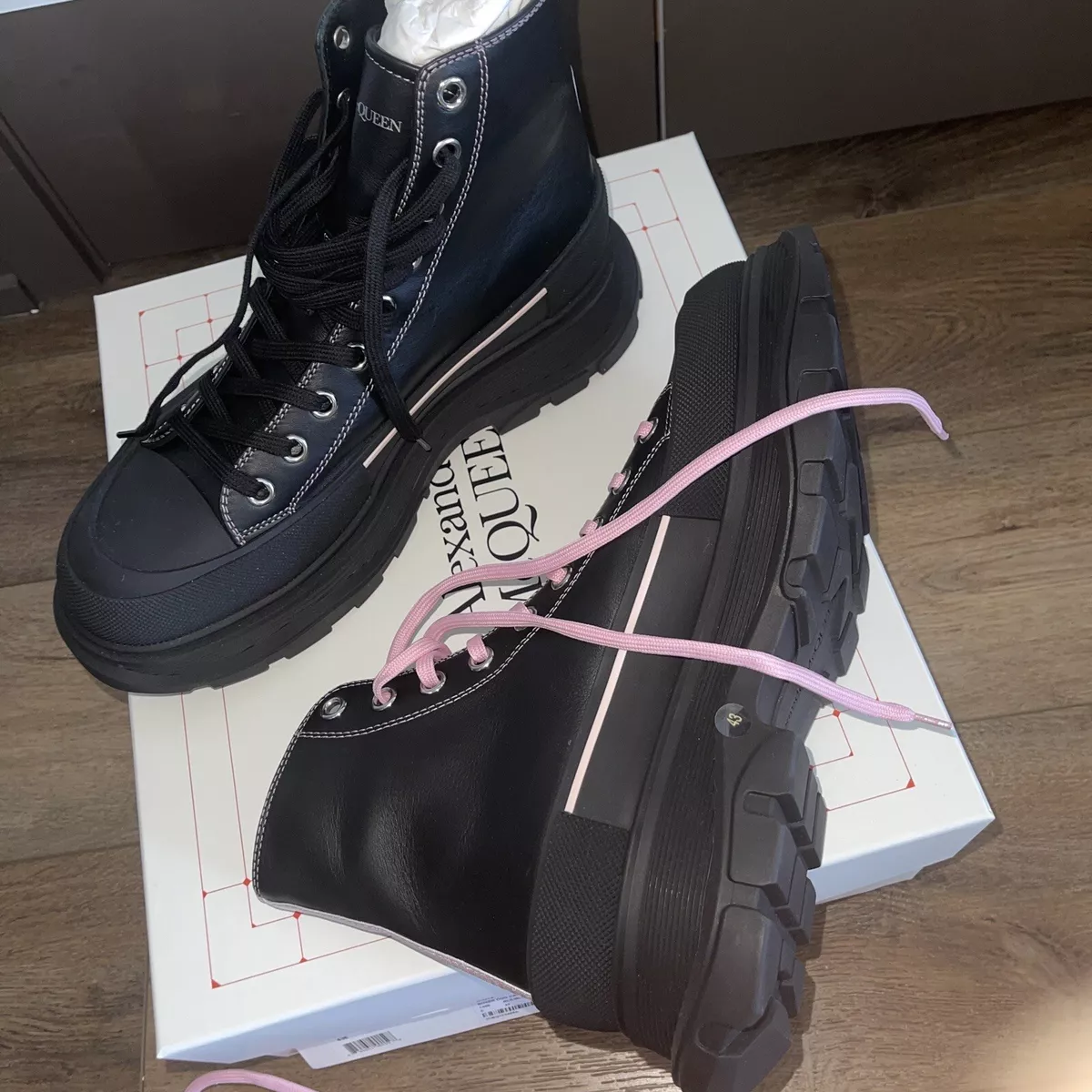 Alexander McQueen Tread Slick Leather Boot Black Pink (Women's)