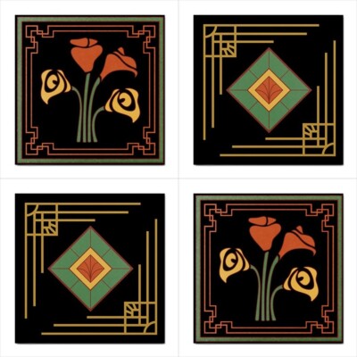 Art Deco Ceramic Tile Set Of 4 Backsplash Tiles 4.25 In