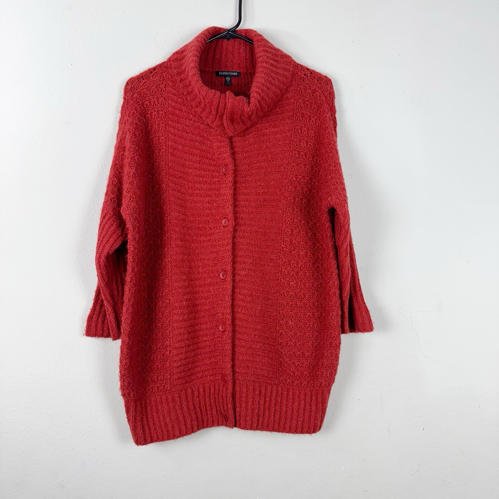 Eileen Fisher Womens Red Alpaca High Neck Button Front Cardigan Sweater