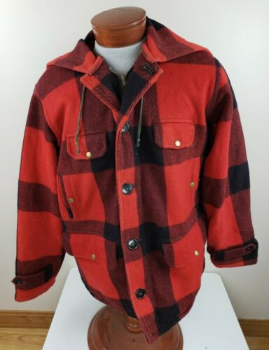 Vintage Retro Johnson Red Black Buffalo Plaid Insulated Soft Lined Wool Coat YZ - Picture 1 of 12