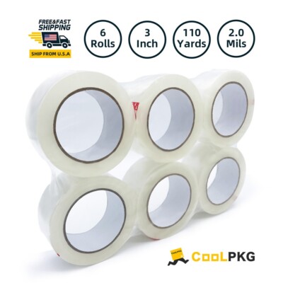6 Rolls Carton Sealing Clear Packing Tape Box Shipping 2.0 mil 3'' x 110 Yards US