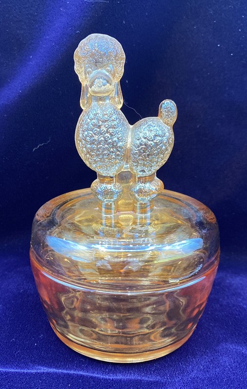 Vintage 1940 Janette Marigold Iridescent Carnival Glass Poodle Powder  Dish