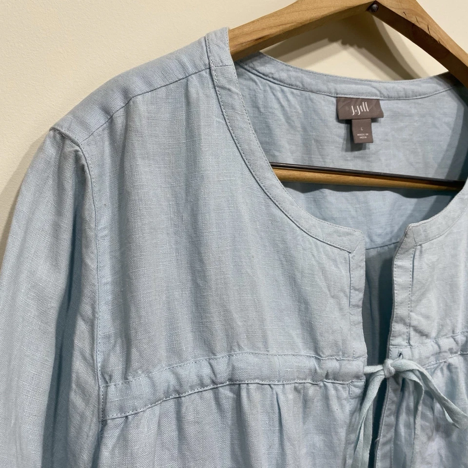 J Jill Womens 100% Linen Tie Front Topper Jacket Size Large Blue Coastal Beachy - Image 2 of 4