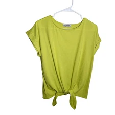 Set The Stage Blouse Women's Medium Green Short Sleeve Ribbed Tie Shirt Top