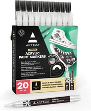 Acrylic Paint Markers, Set of 20 Black & White Acrylic Paint Pens, Art Markers f