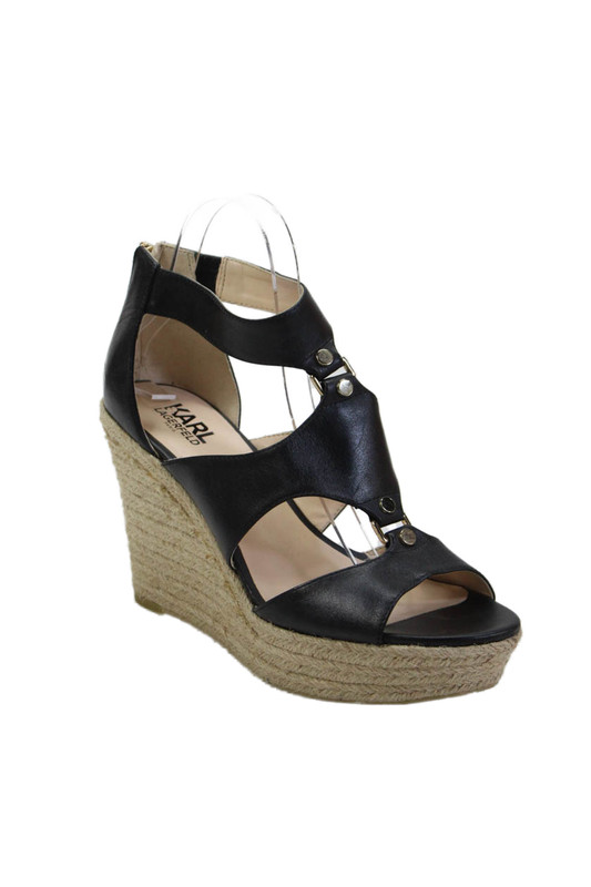 Karl Lagerfeld Womens Leather Zipped Strappy Woven Wedge High Heels Black Size 8
