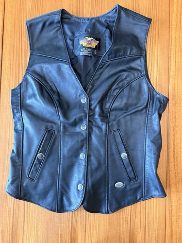 Harley-Davidson, Vintage Harley Davidson Womens Black Leather Riding Vest Snap Up Size M USA Made