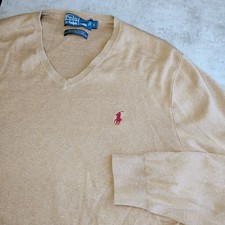 Polo Ralph Lauren Mens Large Tan V-Neck Pima Cotton Pullover Sweater Pony Logo
