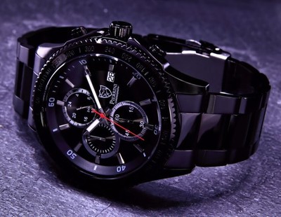 Pierrini Herren Edelstahl Armband Uhr Chronograph Schwarz Datum