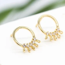 2Pairs 18K Gold Plated Stud Earrings Connector, CZ Micro Pave Round GZX593