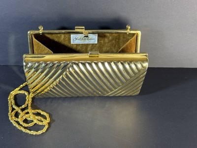 Vintage Saks Fifth Avenue Gold Metal Clamshell Textured Clutch Shoulder Bag