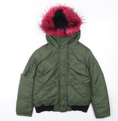 S13 New York Mädchen Bomberjacke grün mit Kapuze Kunstfellbesatz Größe 12 Jahre