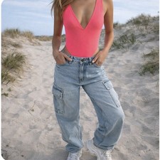 Free People Intimately SM Coral Neon Pink Deep V Keep It Sleek One Pc Bodysuit