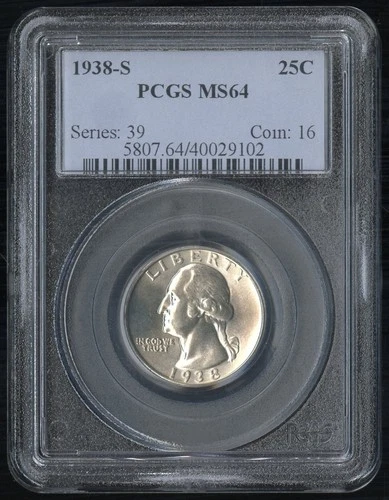 US Coin 1938 S Washington Silver Quarter PCGS MS64 25C NO RESERVE!