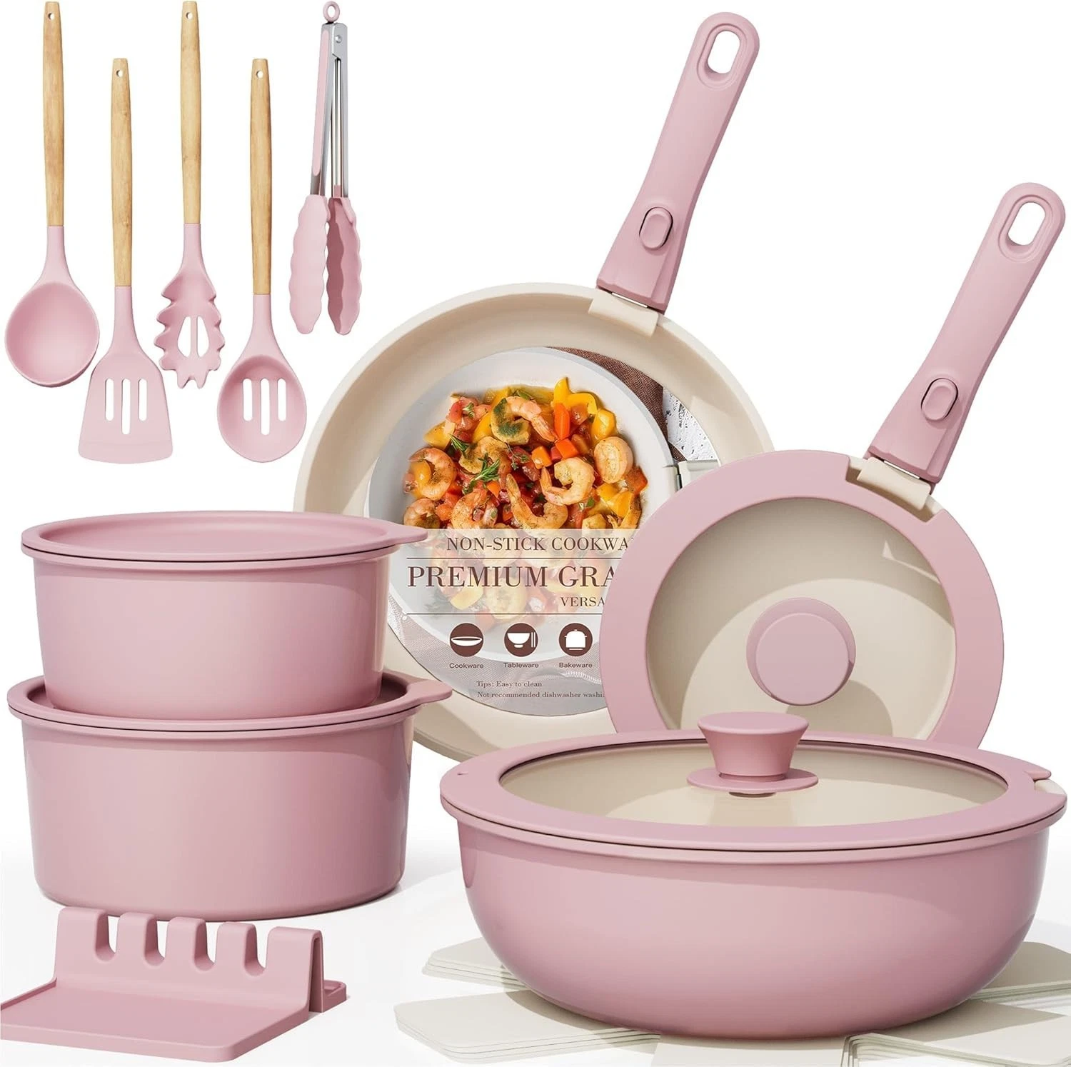 Astercook 21 Pcs Pots and Pans Non Stick Ceramic Cookware Set, Detachable Handle