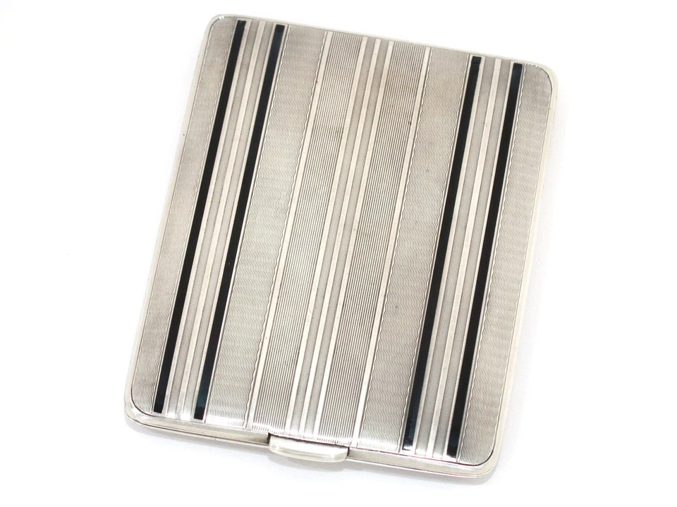 Estuche de cigarrillos antiguo americano a rayas de plata esterlina esmalte negro de 4,25 pulgadas Foto 2 de 4