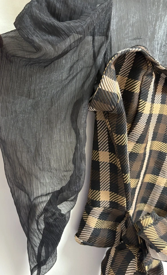 New York & Company Women's sheer Black Mesh Plaid Tie Front Blouse Top M Medium - Image 4 of 4