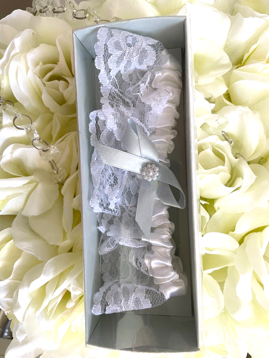 Something Blue Bridal Bride Wedding Garter Belt White Lace Satin Pearl  Flower | eBay