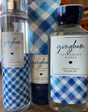 3pc GINGHAM blue 1x - 8oz Mist & Cream, 1x - 10oz Shower Gel Bath and Body Works