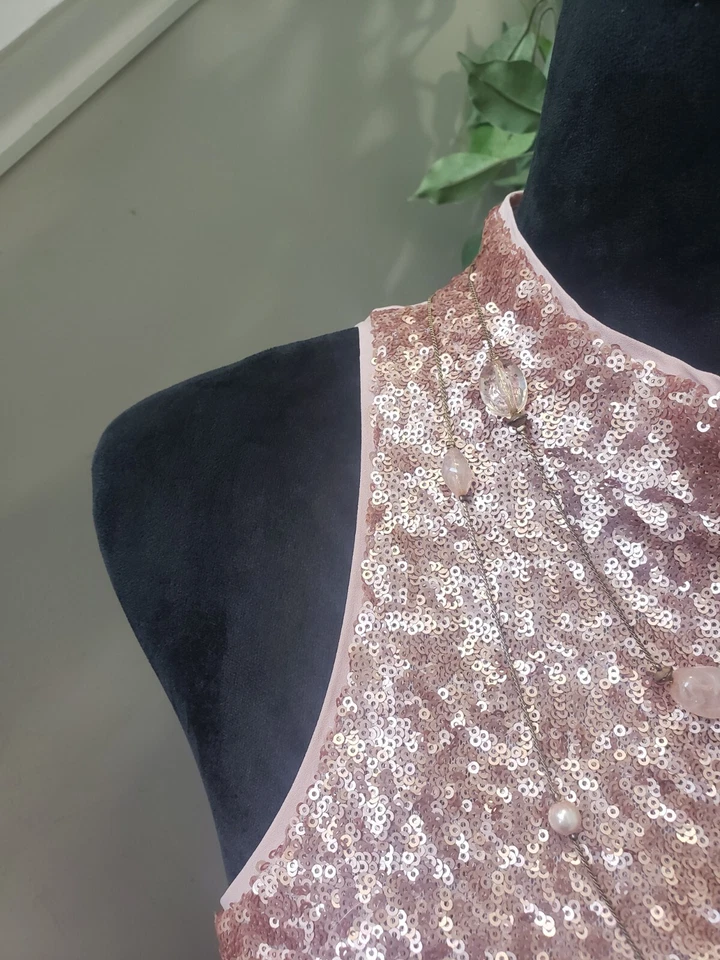 Vestido para mujer Forever 21 rosa lentejuelas cuello halter sin mangas hasta la rodilla talla L Foto 3 de 4