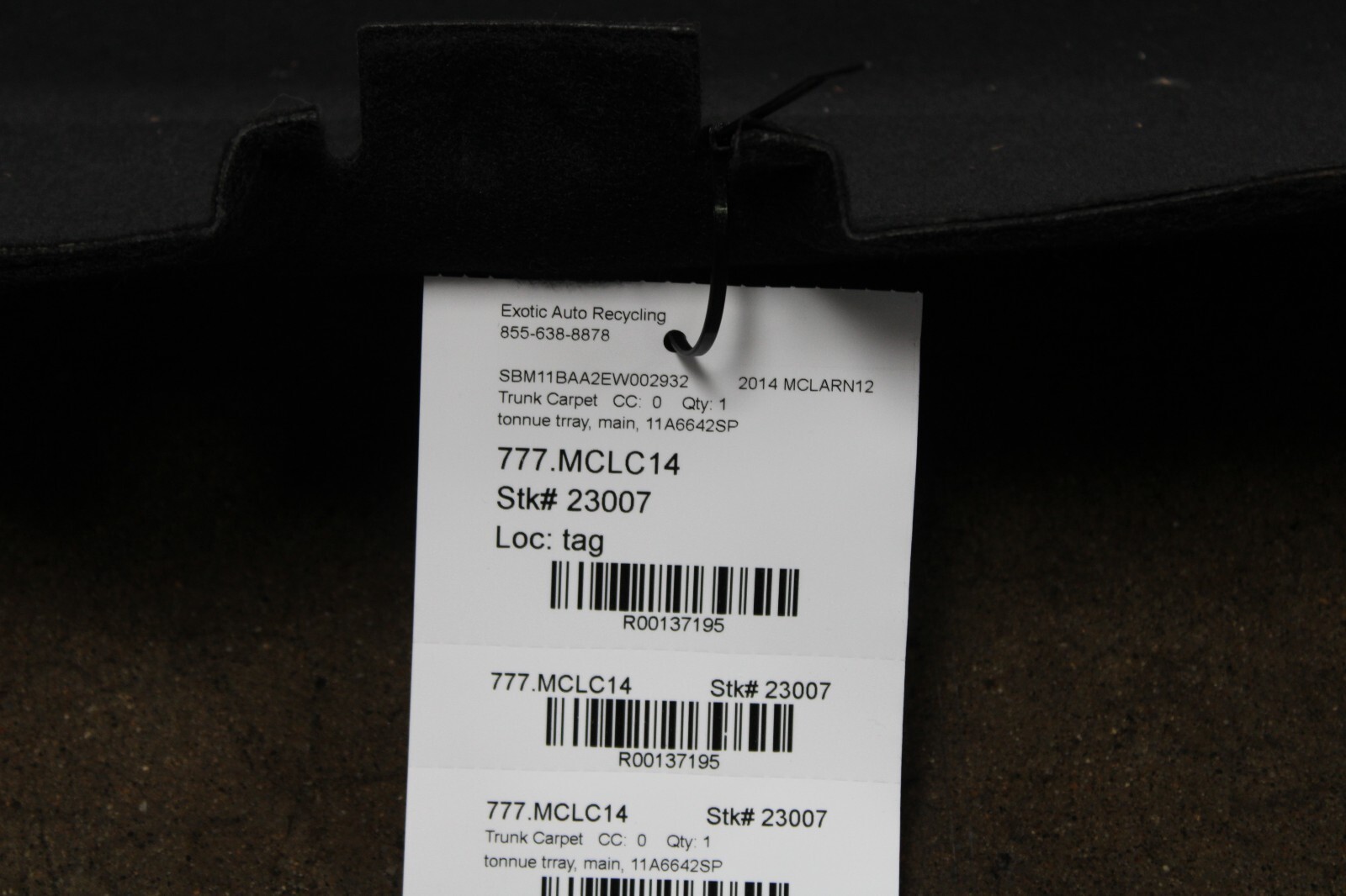 McLaren MP4-12C, Roof Tub Main Liner, Used, P/N 11A6642SP